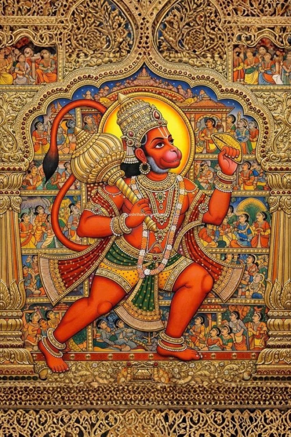 Golden Tanjore-style painting of Hanuman dancing