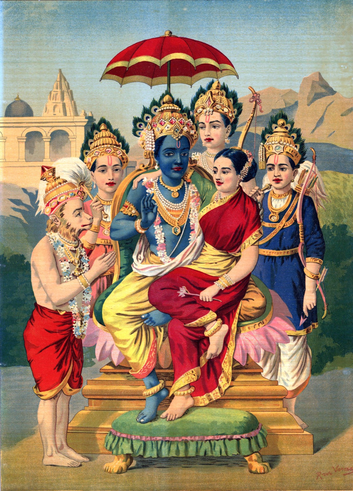 The Ram Darbar — Rama, Sita, Lakshmana and brothers, with Hanuman kneeling in devotion