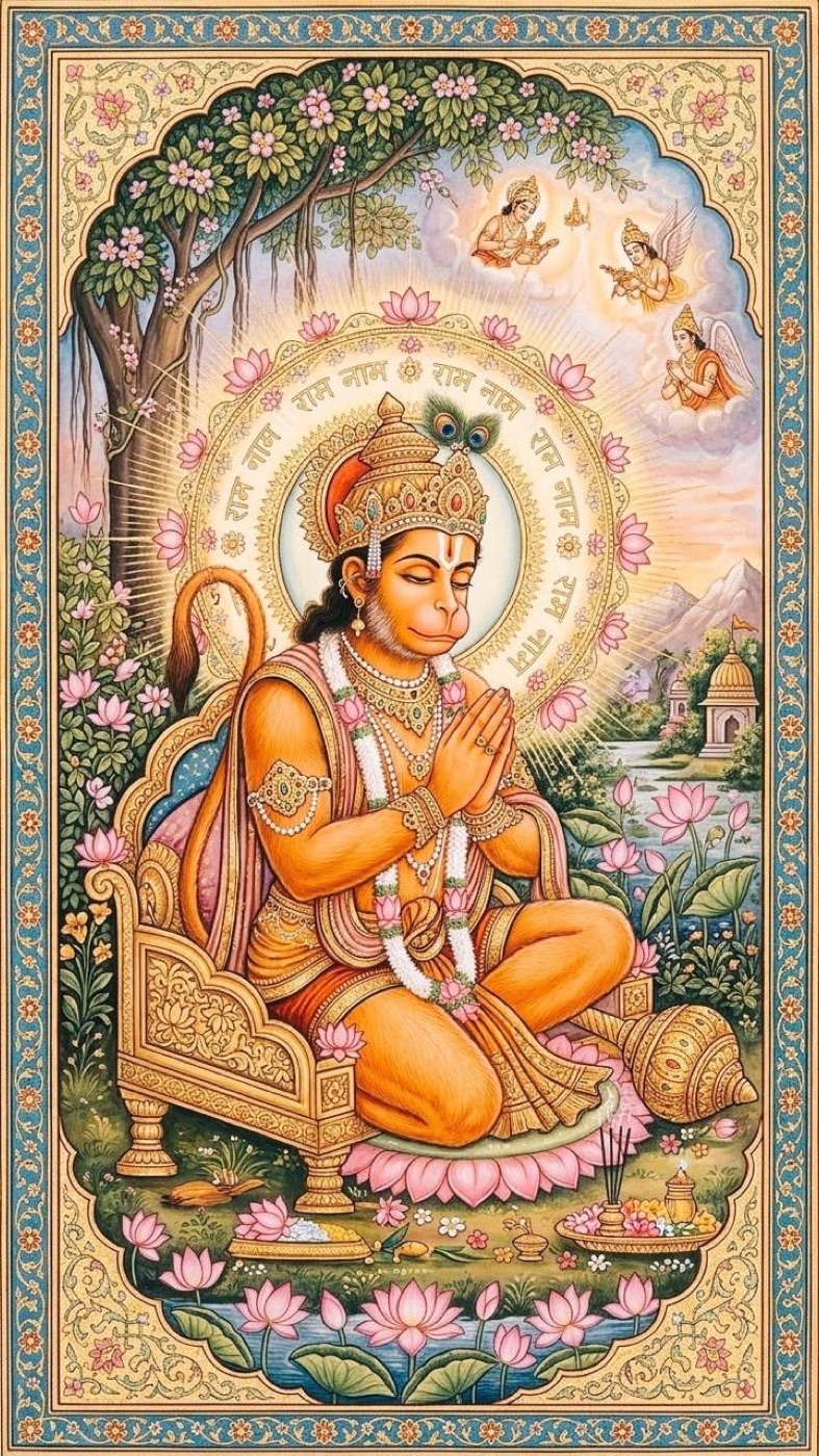 Hanuman seated in devotion, hands folded, haloed by the written name of Ram